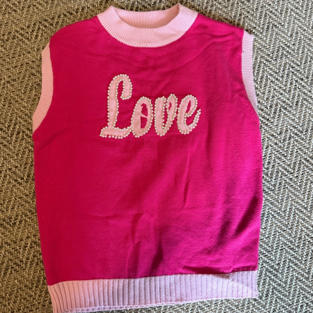 Pink Sleeveless Kids Sweater with Love Design